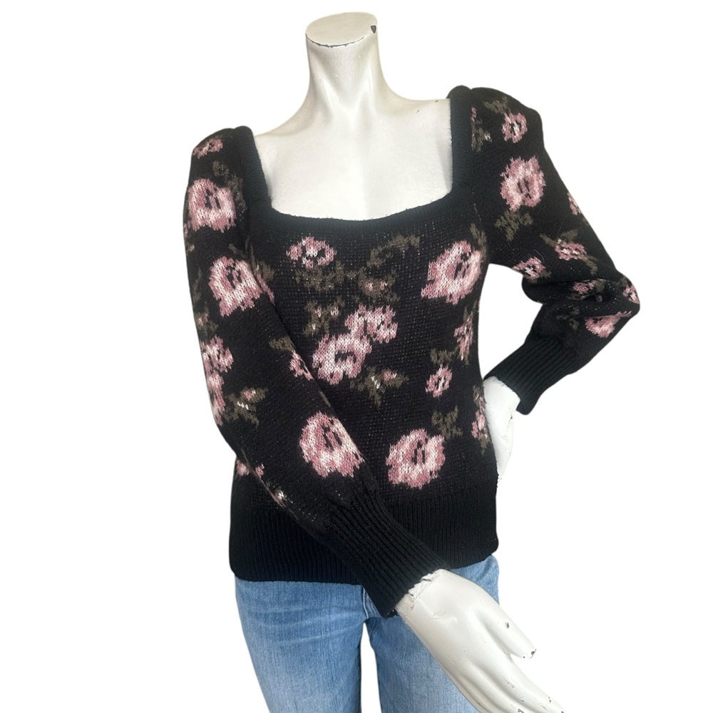 Anthropologie Black & Pink Floral Print Square Neck Fuzzy Puff Sleeve Sweater